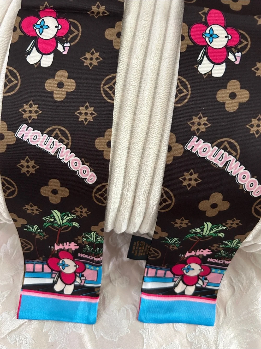 Brown Floral Double Sided Monogram Silk Feeling Twilly or Scarf.